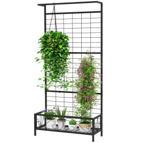 Outsunny Metal Tall Plant Stand with Trellis and Hanging Bar, Plant Holder for Indoor Outdoor Use, 36" x 12.8" x 74", Black
