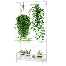 Outsunny Metal Tall Plant Stand with Trellis and Hanging Bar, Plant Holder for Indoor Outdoor Use, 36" x 12.8" x 74", White