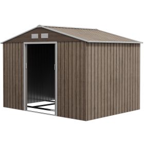 Outsunny Outdoor Shed Garden Storage Shed Tool Storage Building with 4 Vents and 2 Sliding Doors, 9 x 6 FT, Light Brown