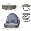 Outsunny 4pc Rattan Patio Furniture Set, Convertible Round Daybed/Sunbed, Adjustable Sun Canopy, Sectional Sofa, 2 Chairs, Table